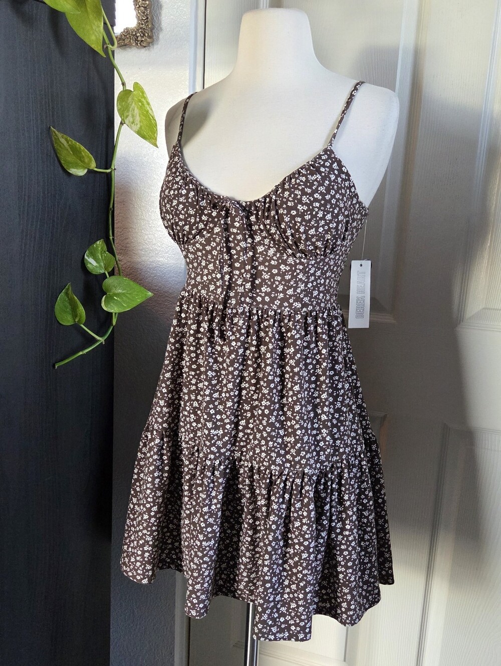 Brown Floral Tiered Mini Dress Bow Front